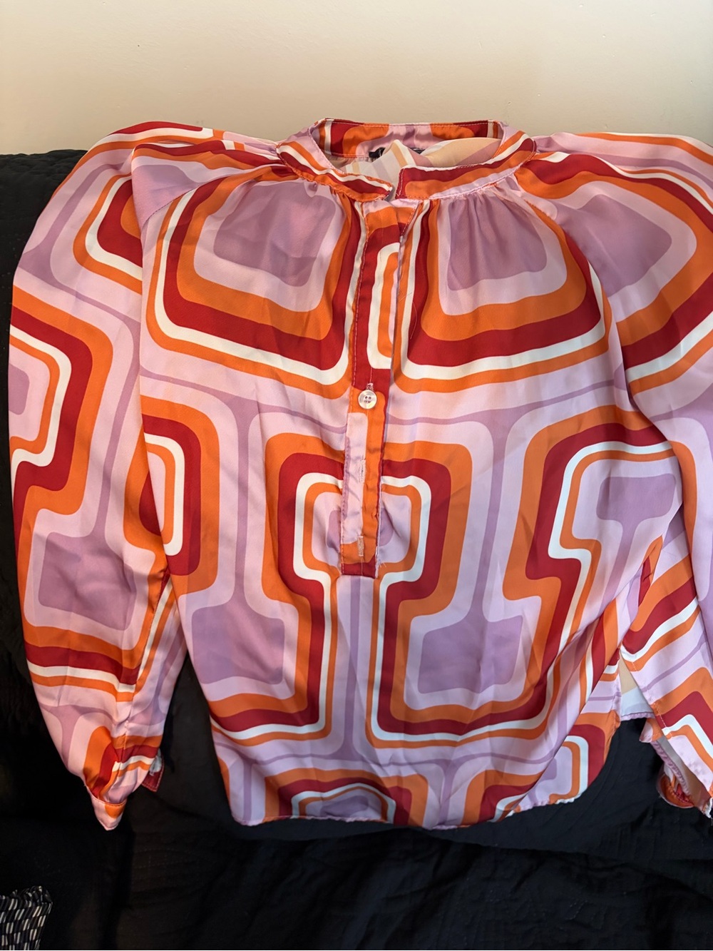 Retro Geo Print Long-Sleeve Blouse - Pink & Orange